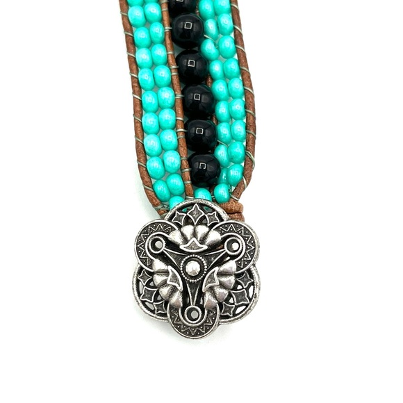HAND CRAFTED Turquoise and Black Onyx Triple Cuff Leather Bracelet - Picture 10 of 13